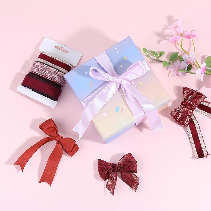 BEEFLYING 3 Styles 9 Yard Dark Red Wire Edged Ribbons Ribbons Wrapping Decoration 25~28mm×2.7m Herringbone Ribbon for Wedding Party Deco Hair Bows Flower Designs Sewing and Craft