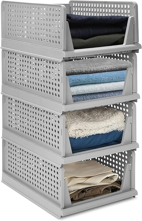 Stackable Wardrobe Organizer for Clothes - Multipurpose Foldable Plastic Closet Storage Cupboard for Home Kitchen, Bedroom (Pack of 5, Grey)