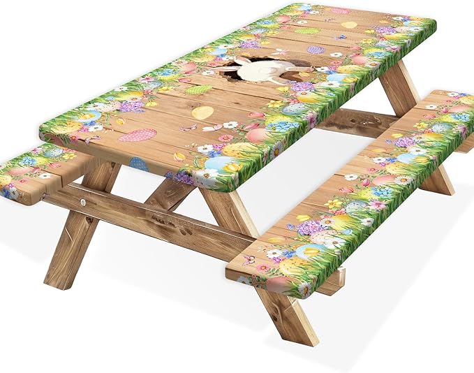 Easter Picnic Table Cover with Bench Covers, Cute Bunny Flower Brown Wooden Board Camping Tablecloth, Waterproof Windproof, Fitted Tablecloth Cover with Elastic Edge, for Outdoor, 3 PCS, 30x60 Inch
