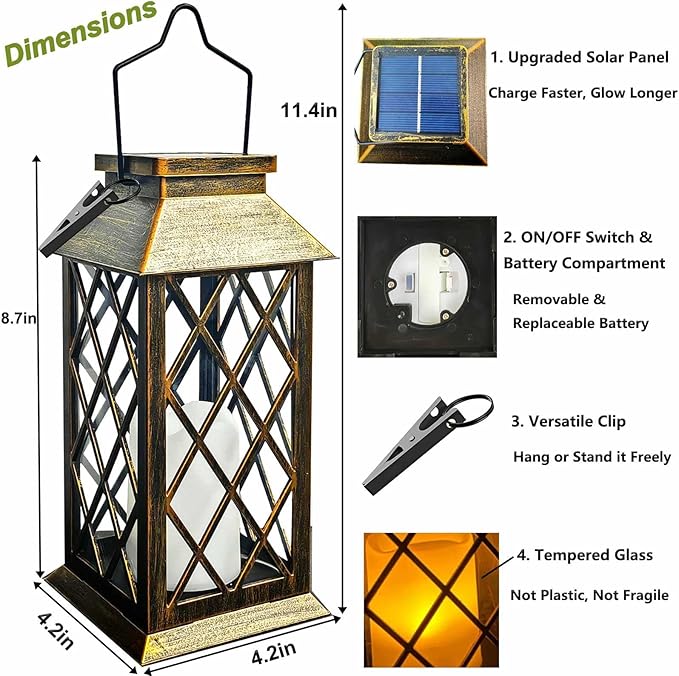 Solar Lanterns Outdoor Waterproof, Flickering Candles Hanging Solar Lights for Outside Garden Patio Wall Porch Decorative, Lamp with Upgraded Solar Panel, Tempered Glass & Clip, Bronze 2 Pack