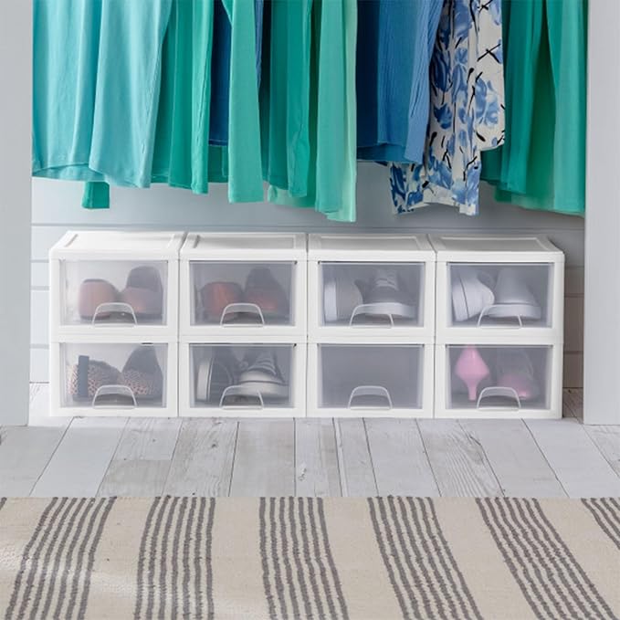 Sterilite 6-Pack Stacking Drawer, Clear Storage Closet Organizer, 6 Quart, White Frame - Stackable Plastic Drawers and Containers for Bedroom, Clothes, Dresser, Vanity, and Makeup Organization