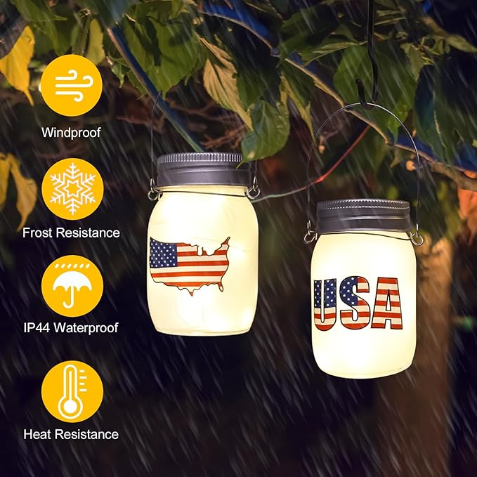 Solar Lanterns Outdoor Waterproof Tabletop - The USA Flag Outdoor Waterproof Hanging Solar Lights Glass Jar for Garden,Patio,Pathway & Yard Decor 2 Pack