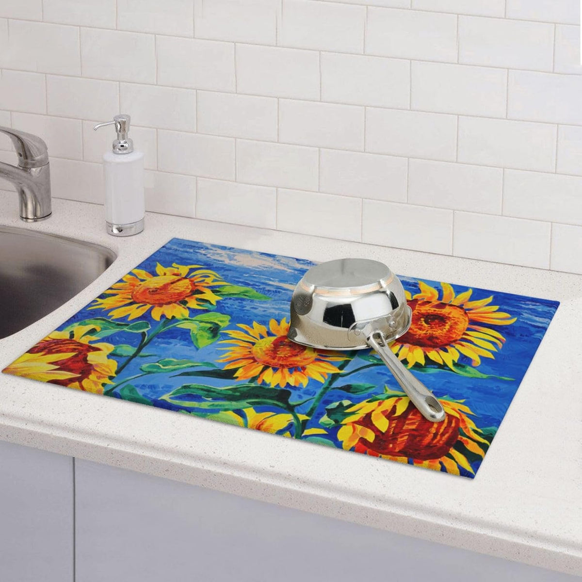 Sunflowers Large Dish Drying Mats For Kitchen Counter, Watercolor Yellow Flower Microfiber Kitchen Drying Mat Draining Pad Absorbent Dish Mat 18"x24"