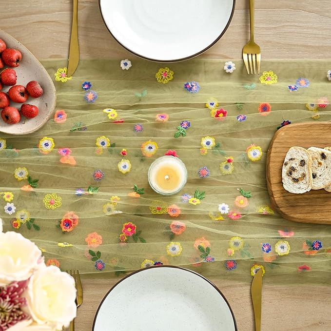 Artoid Mode Green Embroidery Daisy Spring Gauze Table Runner 59x120 Inch 10FT, Seasonal Sheer Kitchen Dining Holiday Wedding Birthday Table Decor for Home Party