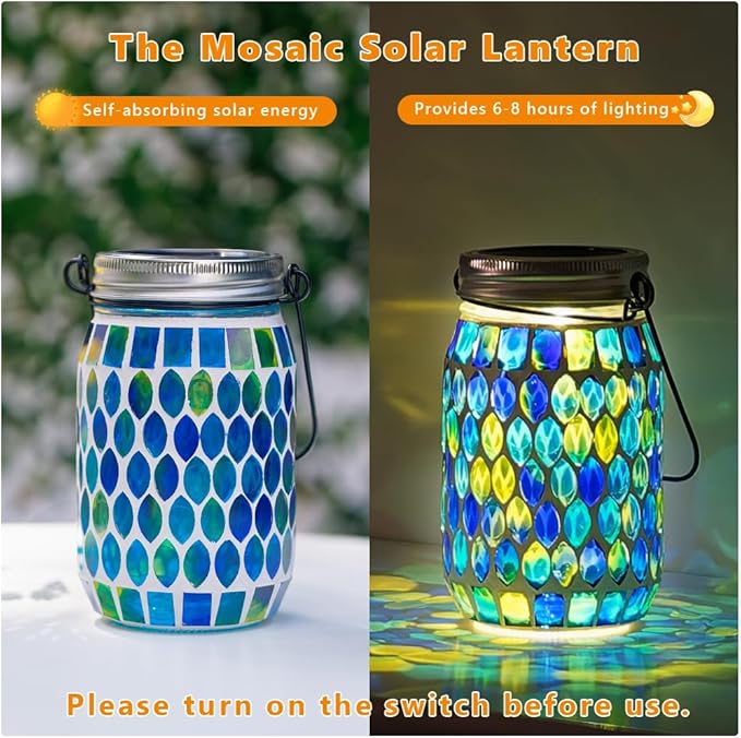 Starsoul 2 Pack Solar Lanterns Outdoor Waterproof, Decorative Teal Mosaic Glass Outdoor Lantern, Hanging Solar Garden Lights for Outside Pathway Patio Porch Yard Table, Gifts for Women Mom Grandma