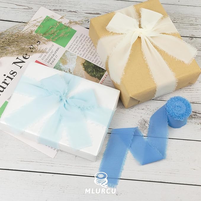 Blue Chiffon Ribbon 1.5 Inch x 21Yds Handmade Fringe Chiffon Silk Ribbon Blue & Cream Frayed Chiffon Ribbon for Baby Shower Wedding Invitation Flower Bouquets Gift Wrapping