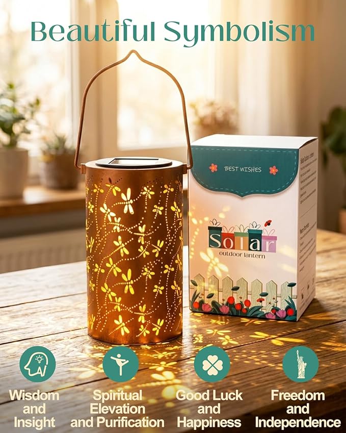 DIBIEECN Birthday Gifts for Women Mom Grandma Wife, Solar Lanterns Outdoor Waterproof, Metal Hanging Lights Garden Decor, LED Decorative Lantern for Patio Porch Backyard,Dragonfly, 1 Pack
