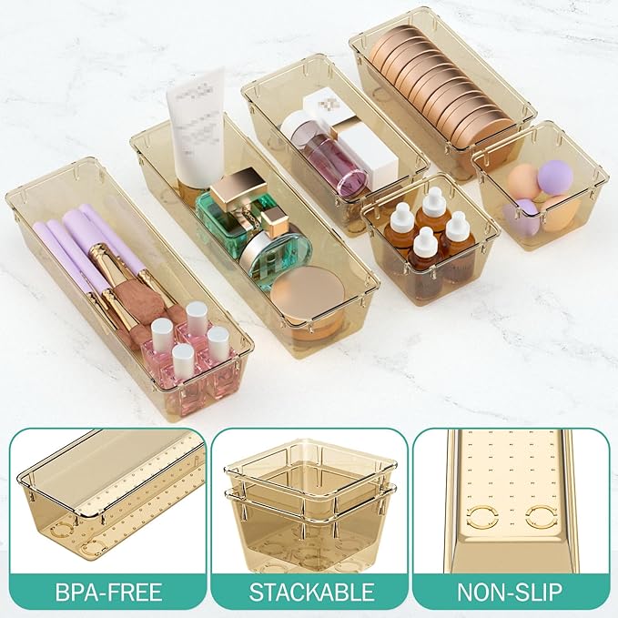 WOWBOX 12 Pack Clear Drawer Organizer Set, Acrylic Drawer Storage Trays, Storage Bins for Makeup, Cosmetics, Jewelries, Utensils, Gadgets, Office, Champagne