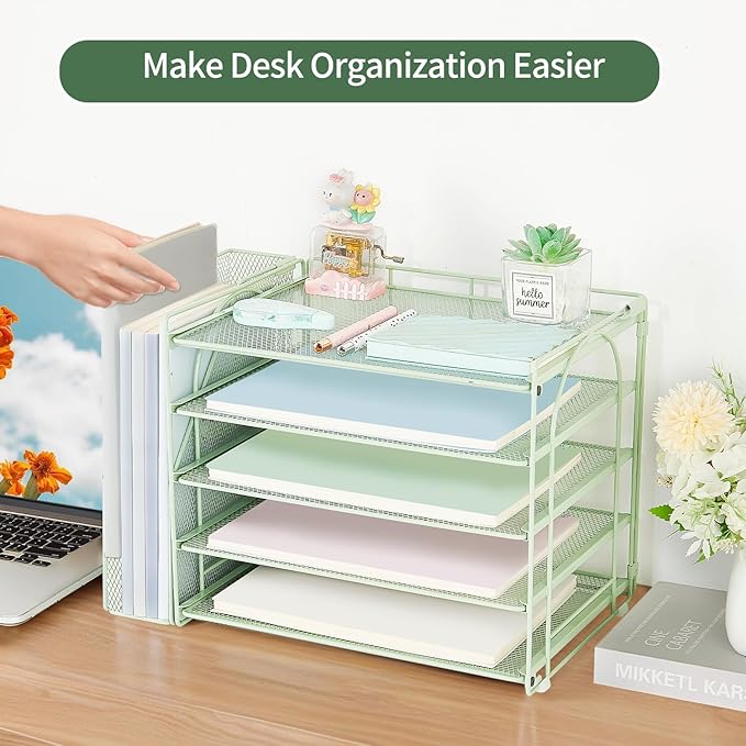 AUPSEN Desk Organizers and Accessories, 5-Tier Desktop Paper File Organizer with Removable File Holder, Desk Accessories & Workspace Organization for Home Office Supplies (Mint)