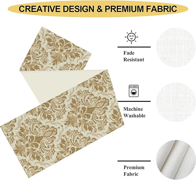 Damask Table Runner, Rustic Gothic Gold Baroque Style Floral Bohemian Boho Flower Antique Vintage Coffee Table Center Decor for Kitchen and Dining Outdoor Country Party Table Decorations, 13"x90"