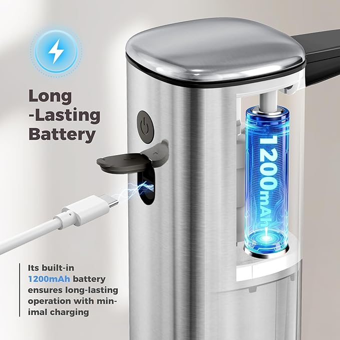 Sineng Automatic Soap Dispenser Touchless, 304 Stainless Steel Liquid Hand Soap Dispenser, 8.5oz/250ml 2 Adjustable Levels Water-Resistant and Rechargeable Kitchen Bathroom Soap Dispenser