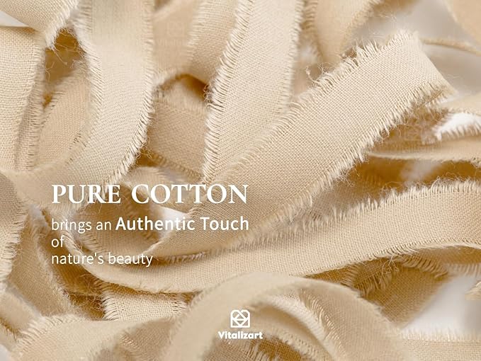 Vitalizart Nude Cotton Ribbon Handmade Fringe 5/8" x 21 Yd Light Brown Pure Natural Cotton Ribbons for Gift Wrapping Wedding Invites Bridal Shower Bouquets Holiday Decor