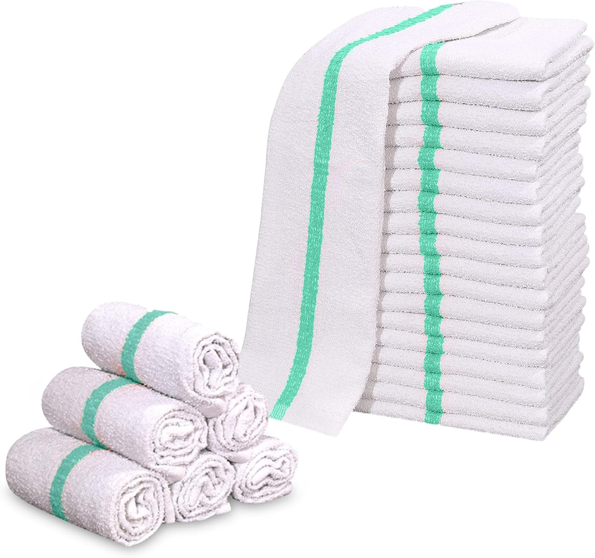 GOLD TEXTILES New Cotton Blend White Restaurant Bar Mops Kitchen Towels (36, Green Stripe)
