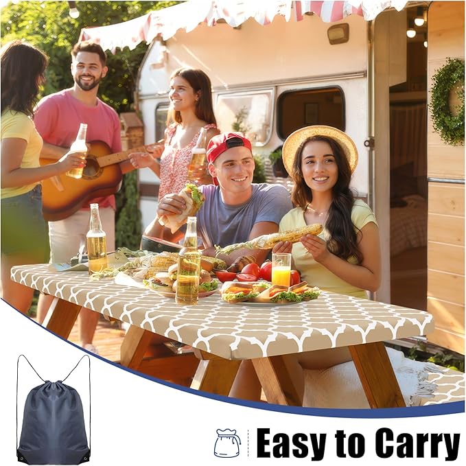Smiry Picnic Table Cover with Bench Covers, Waterproof Elastic Fitted Tablecloth for 5 Foot Tables, Washable Polyester Tablecloths for Camping, Indoor & Outdoor (Khaki, 30x60 Inch 3-pc Set)