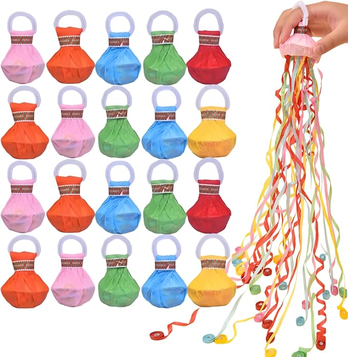 20 Pack No-Mess Handheld Streamer Party Poppers - Colorful Pull String Poppers for Birthdays & Celebrations