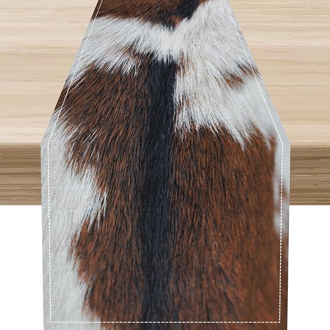 Cow Print Table Runner, Brown Cowhide Print Western Style Table Runner Country Farmhouse Cottage Cow Pattern Linen Table Decoration for Home Kitchen Dining 13x36