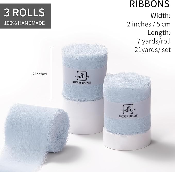 DORIS HOME Baby Blue Chiffon Ribbon for Flower Bouquet, 2" x21Yd Fabric Ribbon for Gift Wrapping, Handmade Frayed Ribbon for Wedding/Christmas Decorations
