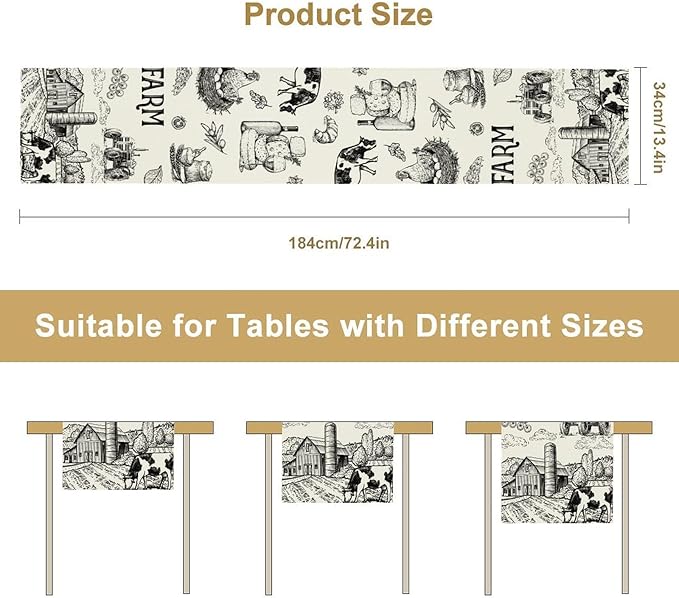 Milk Farm Table Runner, Rustic Farmhouse Animals Fresh Eggs Bread Vegetables Print Table Runner for Farmhouse Kitchen Decor Party Picnic Holiday Dinner, 13x70inch