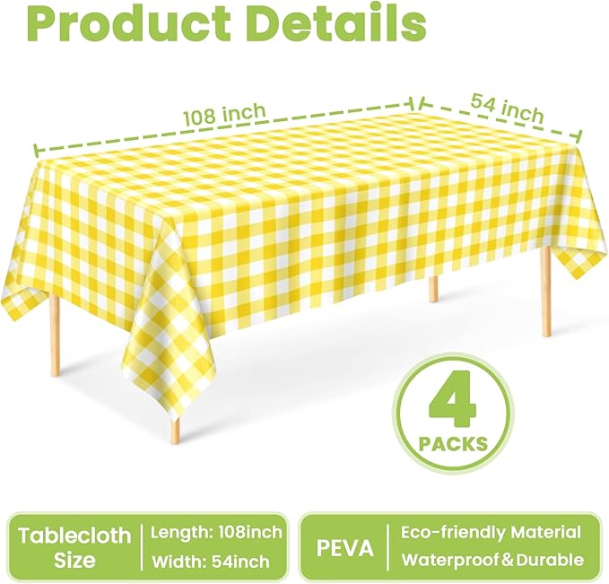 Mulbozy 4 Pcs Yellow Checkered Tablecloth 54 ×108 Inches Rectangle Yellow Gingham Tablecover Disposable Plastic Waterproof Table Cover for Outdoor Picnic, Kitchen, Holiday Birthday Party
