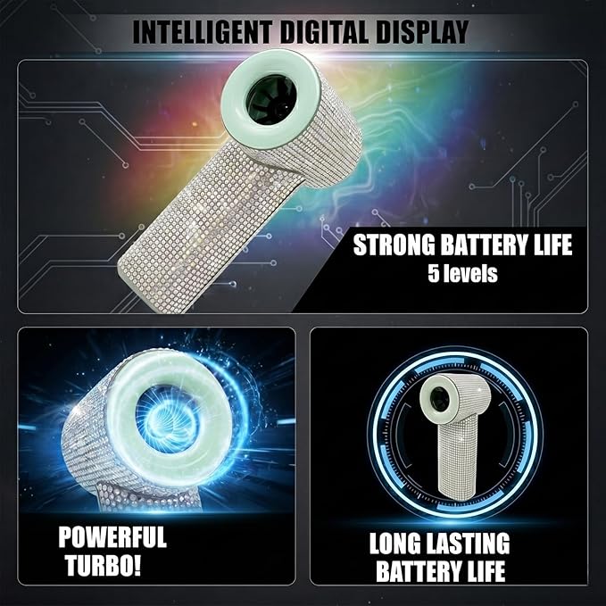 Portable Handheld Fan, Luxury Diamond Turbo Mini Fan with Digital Display, 5 Speeds USB-C Rechargeable Personal Fan for Women Men, Small Pocket Fan for Travel, Makeup, Outdoor (Rainbow-Green)