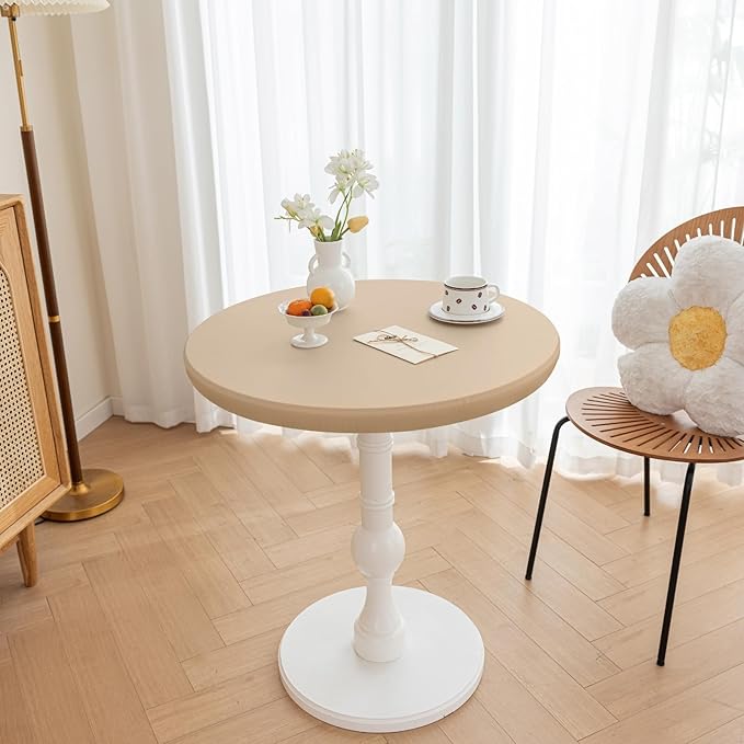 Round Fitted PU Tablecloth with High Elastic Edge 24 Inch Dia Waterproof Oil Proof Table Cloth Anti-Scald Stain-Resistant Wipeable Table Cover for Indoor Outdoor Picnic (Beige,24" Dia)