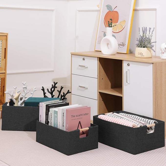 ANMINY 2PCS Storage Baskets for Organizing Collapsible Fabric Storage Bins Boxes with Wood Handles Closet Shelves Cube Organizer Bins Clothes Laundry Storage Container - Large, Black