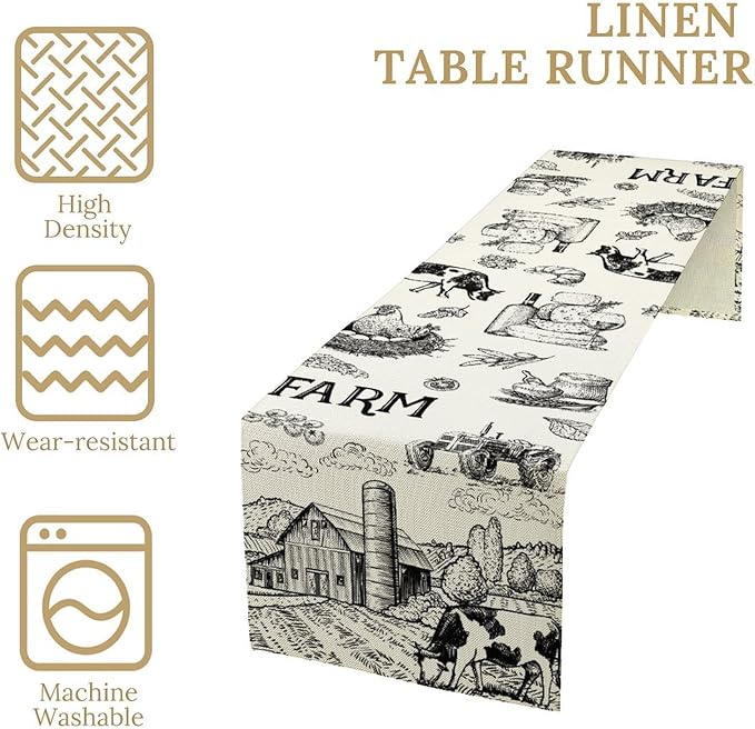 Milk Farm Table Runner, Rustic Farmhouse Animals Fresh Eggs Bread Vegetables Print Table Runner for Farmhouse Kitchen Decor Party Picnic Holiday Dinner, 13x70inch
