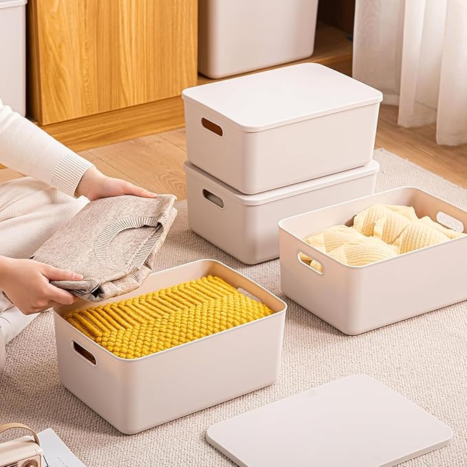 6 Piece Plastic Storage Baskets Boxes with Lids,11.8x8x4.7 Inch Stackable Organizing Bins with Handles, Versatile Containers for Pantry,Bathroom,Closet Shelves Desktop (Light grey, 6M)