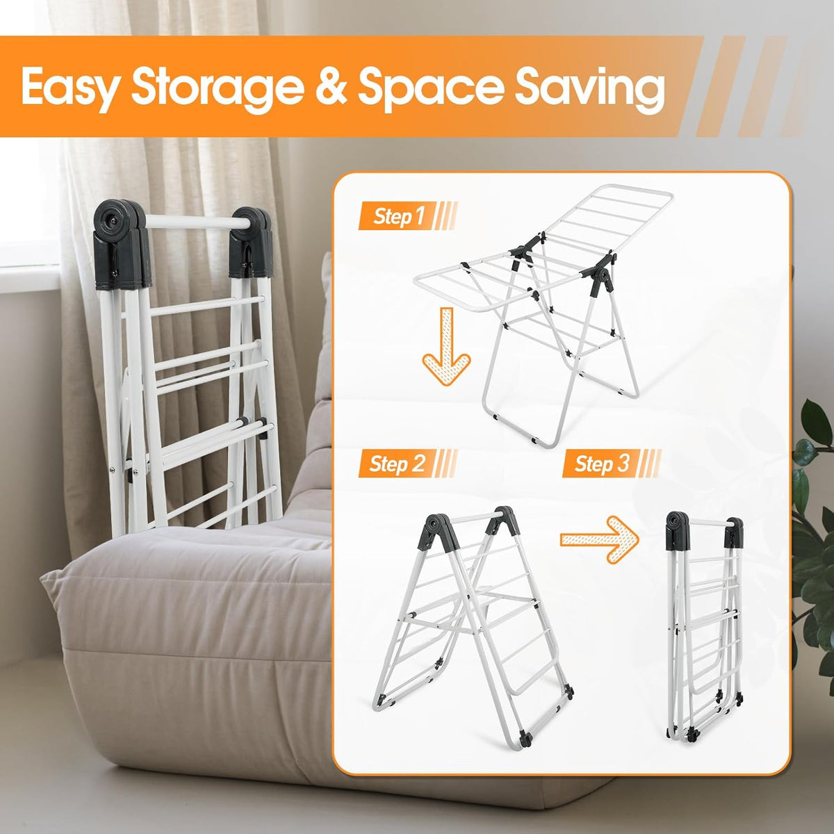 Clothes Drying Rack, Metal Foldable Laundry Drying Rack, with Adjustable Height Levels Wings, Space Saving, Indoor Outdoor Use
