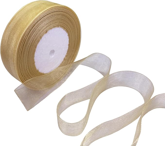 1 Inch 50 Yards Sheer Organza Ribbon Chiffon Ribbon for Gift Wrapping Wedding Bouquet Crafts (Gold)