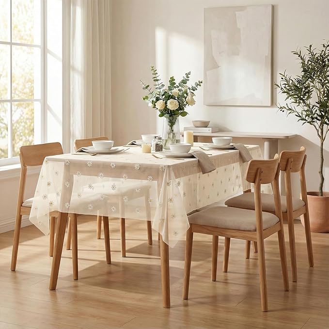 Horaldaily Champagne Embroidery Daisy Spring Summer Gauze Tablecloth 60×84 Inch Rectangular, Seasonal Tulle Table Cover, Garden Party Decorations for Wedding, Party, Holiday Dining