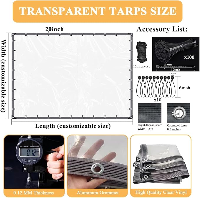 8x12 FT Clear Vinyl Patio Enclosure Panels - Heavy Duty Waterproof Clear Tarps with Reinforced Edges & Grommets for Temporary Winter Porch Enclosure & Deck Enclosure