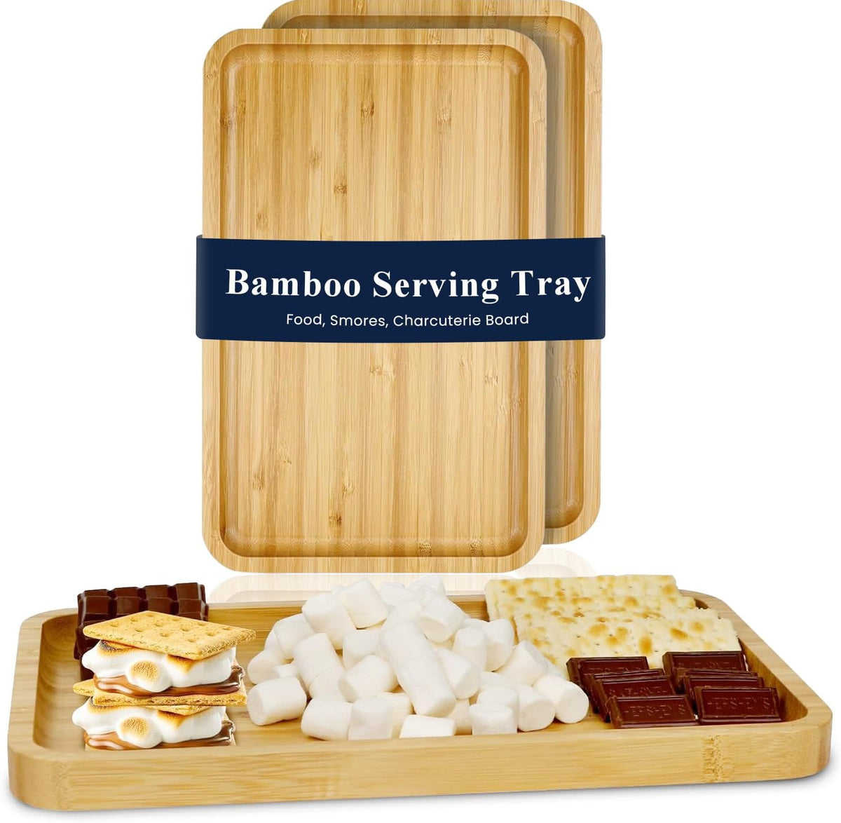 Bamboo Serving Tray 2 Pack – Trays for Serving Food in Bed Couch Kitchen or Patio – Rectangular Wooden Platters for Meals Snacks or Decor