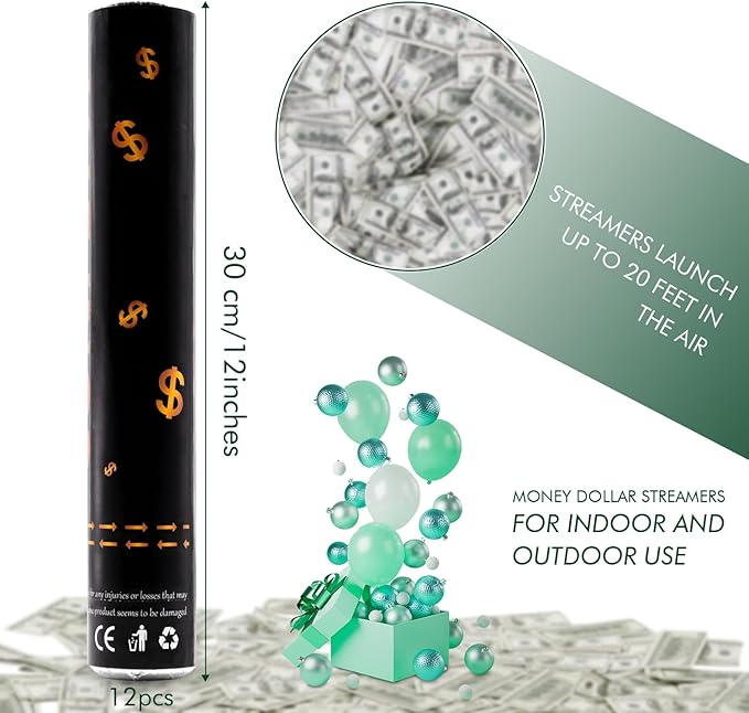 Confetti Cannon Party Poppers 12 Pack 100 Dollar Bill Money Paper Make it Rain 12 inch Confetti Shooters Bill Launcher for Business Signing Opening Activities Birthday Party Celebration