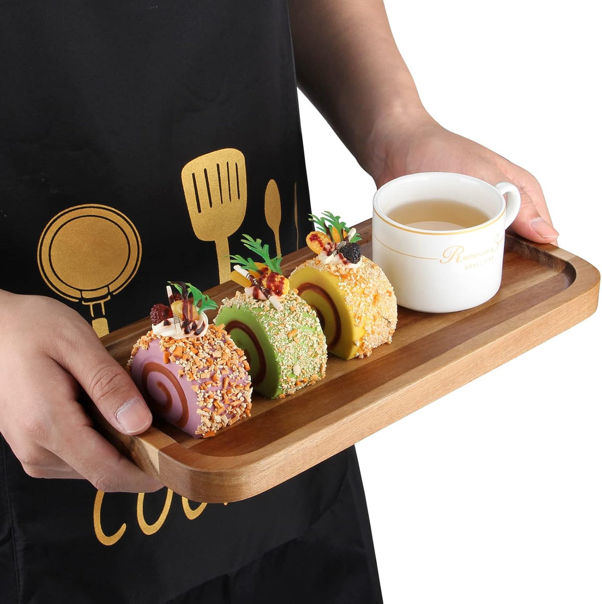 2 Pcs Rectangular Serving Platters for Food Dish Party Wooden Charcuterie Boards 14" x 7" Acacia Wood Trays for Kitchen Counter Decor Rectangle