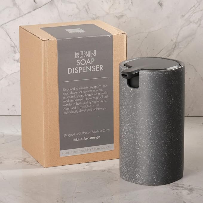 LINE+ARC Modern Easy-to-Press Soap Dispenser (Stone). No-Rust Cute Bathroom Beige Marble Kitchen Sink Ergonomic Liquid Lotion Shampoo Conditioner