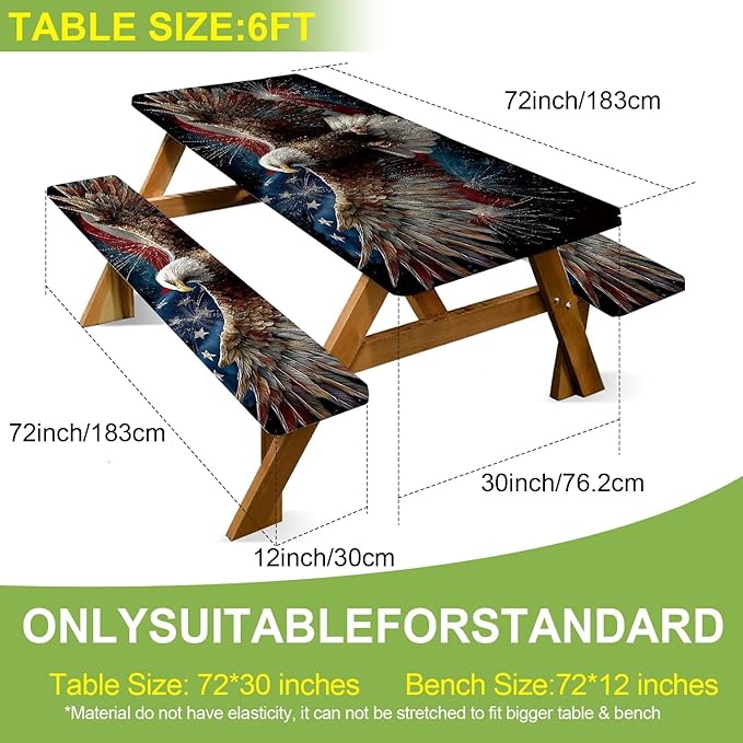 ANNA QUEEN Eagle Flag Independence Day Picnic Table Cover 6FT with Bench Covers Picnic Table Cover Set 3PCS 72"x30", Outdoor Bench and Tablecloth Furniture Protection