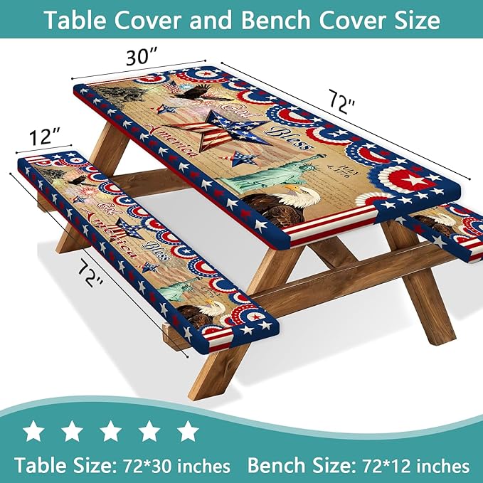 JAWO Patriotic 4th of July Picnic Table Cover with Bench Covers, Waterproof American Flag Eagle Tablecloth with Elastic Edge, Lightweight Camping Essentials for Rectangle Tables with Carrying Bag,96in