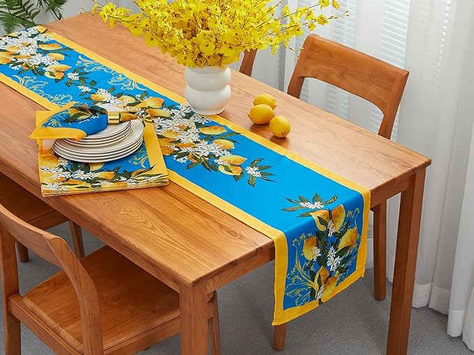 YiHomer Provence Blue Lemon Mediterranean Tile Tabletop for Spring Summer Decorations, Picnics and Dinner Parties - Indoor Outdoor, Stain and Water Resistant, Table Runner, 14 x 72