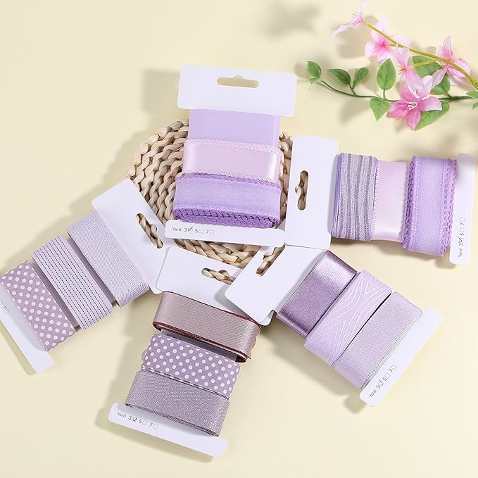 BEEFLYING 3 Styles Lavender Wire Edged Ribbons for Gift Wrapping, 25~28mm×2.7m Fabric Herringbone Ribbons for Wedding Party Decoration Hair Bows Flower Designs Sewing and Craft, 9 Yards