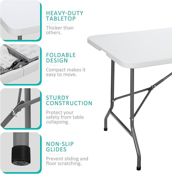 SUPER DEAL 6FT Folding Table for Indoor Outdoor, Portable Heavy Duty Fold-in-Half Plastic Dining Picnic Party Camping Table with Carrying Handle