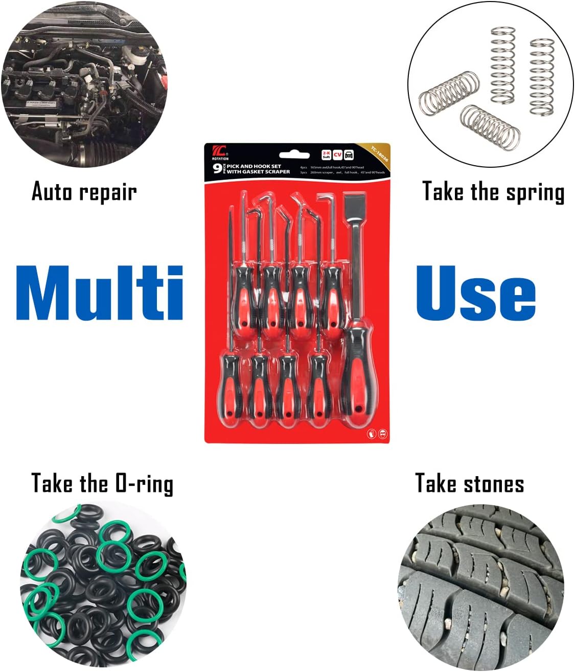Rotation Precision Hook and Pick Set with Scraper, 9 Piece Set, Chrome Vanadium Steel Shaft, for Remove Hoses and Gaskets