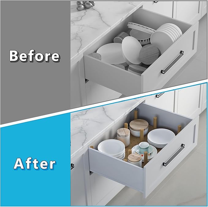 Dowell 4-Piece Wood Pegboard Drawer Divider Organizer Set with 9 Wooden Pegs – Adjustable to Fit Drawers of Various Sizes, Customizable Storage for Pots, Pans, and Plates-4007 3319 9P (33"X18-1/2")