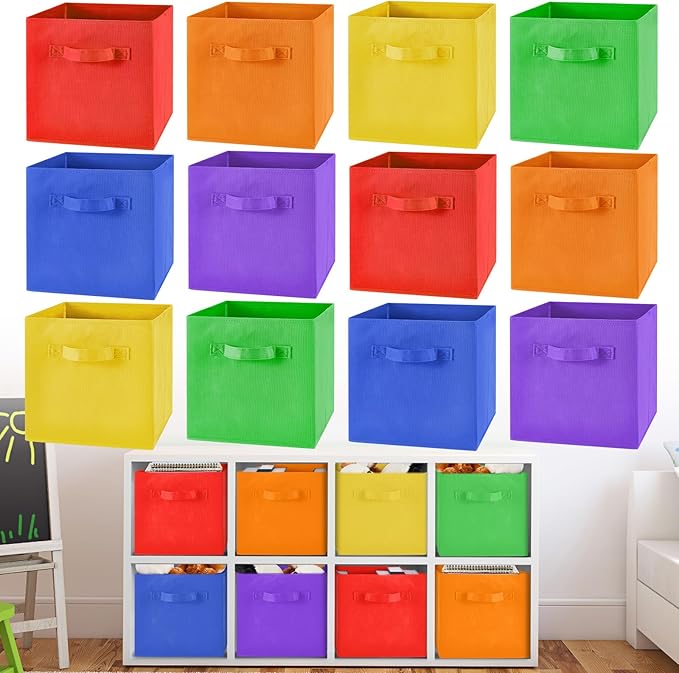 Yinder 12 Pcs Cube Storage Bin Rainbow Colored 10.5''x10.5''x11'' Storage Bins for Playroom Decor Colorful Bins for Kids Foldable Baskets for Nursery Organizer Boxes Fabric Boxes