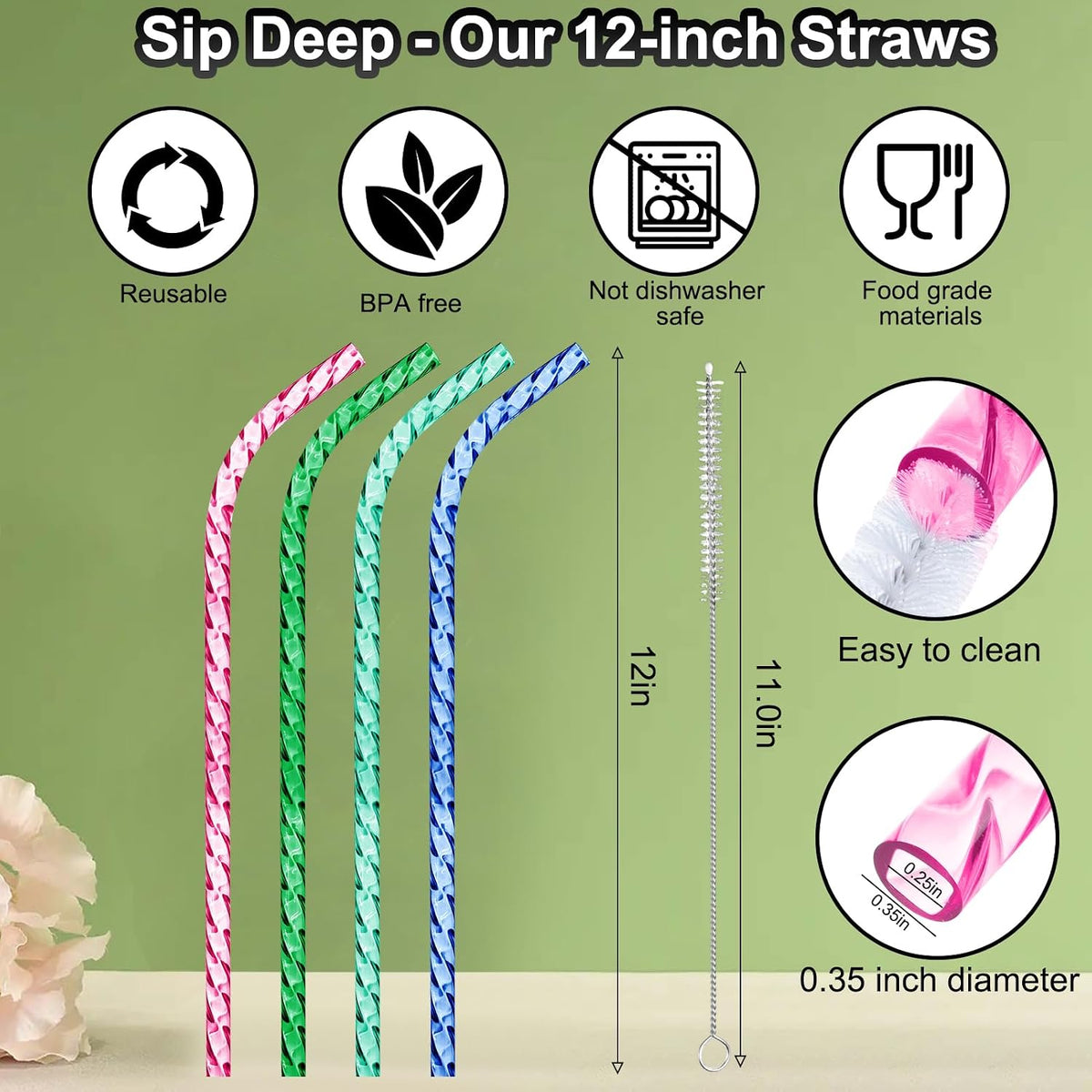 Reusable Straws for Stanley Cup Replacement,12 Inch Plastic Long Straw for 40 30 oz Tumbler,Colorful Hard Drinking Straws for Stanley,10mm Large Wide Water Bottle Straw for Stanley Cup Accessories