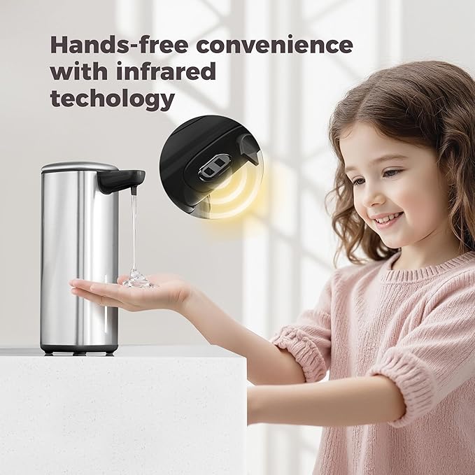 Sineng Automatic Soap Dispenser Touchless, 304 Stainless Steel Liquid Hand Soap Dispenser, 8.5oz/250ml 2 Adjustable Levels Water-Resistant and Rechargeable Kitchen Bathroom Soap Dispenser