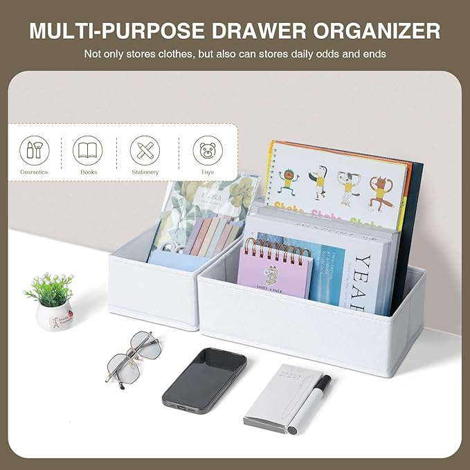 DIMJ Drawer Organizers Clothes, Set of 12 Dresser Organizer Bins, Fabric Closet Organizers and Storage, Shallow Drawer Dividers for Nursery, Clothing, Baby Clothes, Socks, Underwears, Tie (White)
