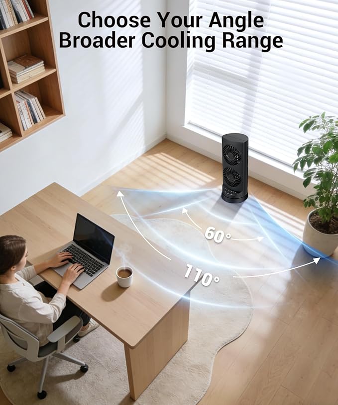 KopBeau Tower Fan for Bedroom, Portable Desk Table Fan with 3 Speeds ＆ 12H Timer,60° & 110° Oscillating Electric Fans that Blow Cold Air,Fast Cooling Fan for Home Office Dorm