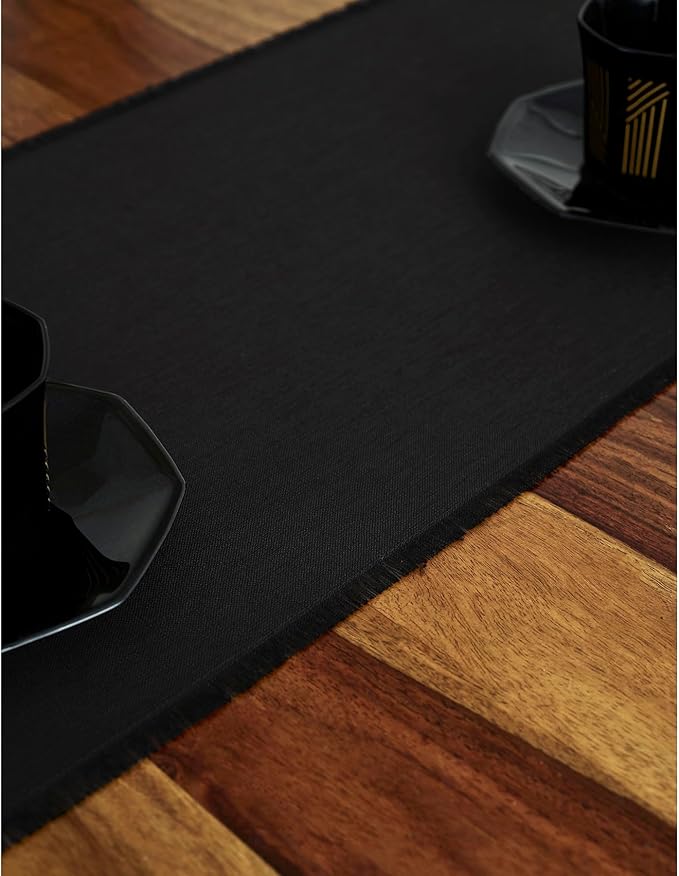 Solino Home Linen Black Table Runner 120 Inches Long - Fringe, 100% Pure Linen Dining Table Runner 14 x 120 Inch for Spring