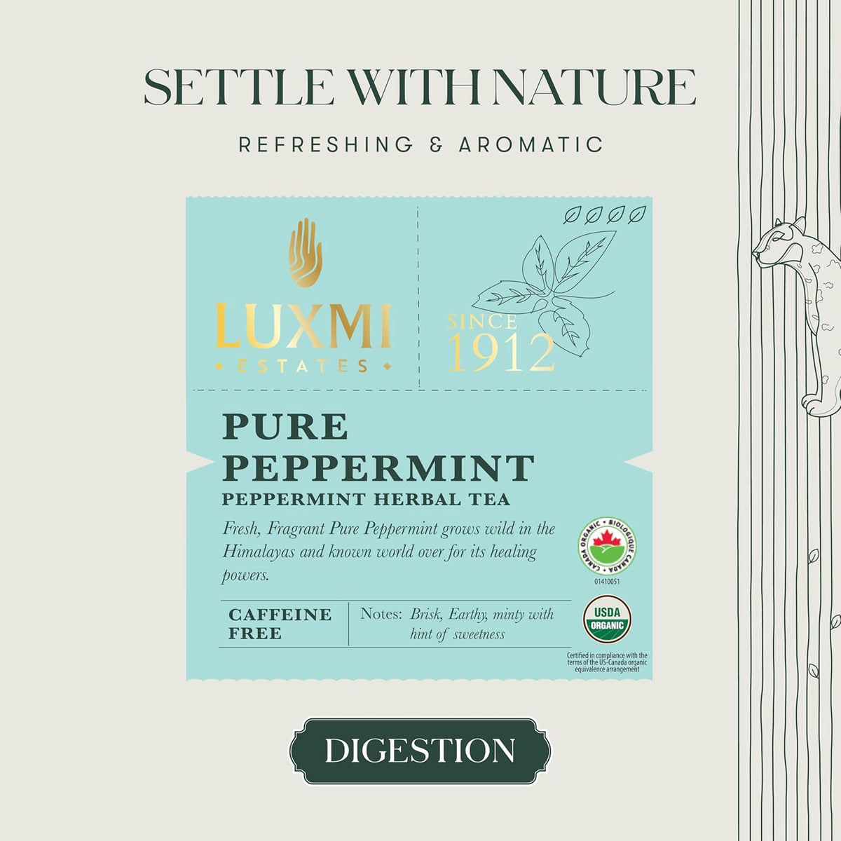 Luxmi Estates Purely Peppermint 25gm Tin, USDA Certified Organic Herbal Tea, Mint Tea Best for Night Time